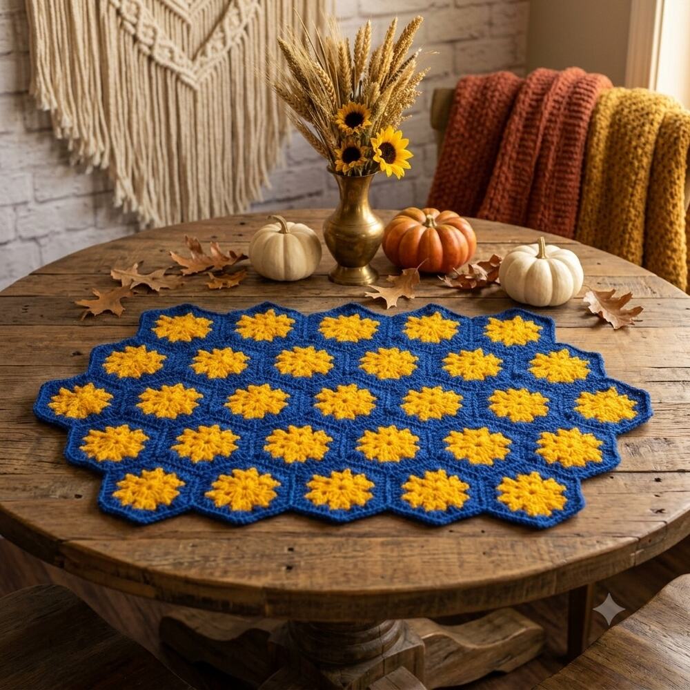 Vintage Crochet Daisy Fall Floral Table Runner Mat  Blue Yellow Granny Hexagon